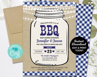 BBQ Baby Shower Invitation, Printable Mason Jar Baby Shower Invitation, Baby Q Baby Shower Invitation, Coed Baby Shower, Instant Download