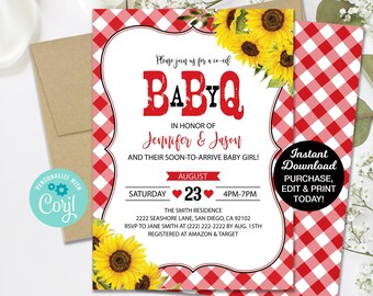 Baby Q Shower Invitation, BBQ Baby Shower Invitation, Sunflower Invitation, Coed Baby Shower Printable Invitation, Summer Baby Shower