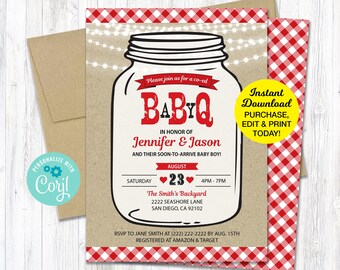 Baby Q Shower Invitation Mason Jar Red, BBQ Baby Shower Invitation, Mason Jar baby shower invitation, Couples Baby Shower Printable Pdf File