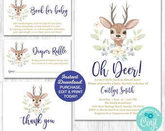 Little Buck Invitation Bundle, Deer Baby Shower Invitation, Boy Baby, Editable, Printable, Woodland Baby Shower, Diaper Raffle, Book Request