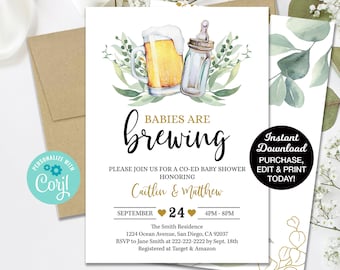 TWINS Babies are Brewing Baby Shower Invitation, Beer Baby Shower, Couples Baby Shower, Co-Ed Baby Shower Editable Invitation, Printable