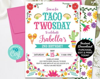 Taco Twosday Invitation, Fiesta Birthday Invitation Editable, Taco Tuesday Invitation, Fiesta 2nd Birthday, Taco Birthday Invitation