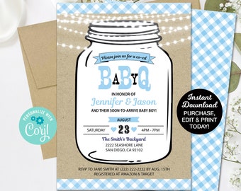 Baby Q Shower Invitation Mason Jar, Light Blue BBQ Baby Shower Invitation, Couples Baby Shower, Printable Template