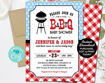 Baby Q Invitation, BBQ Baby Shower Invitation, Summer Baby Shower, Coed Baby Shower, Printable Invitation, Template