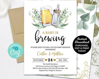 A Baby is Brewing Baby Shower Invitation, Beer Baby Shower, Couples Baby Shower Invitation, Co-Ed Baby Shower Editable Invitation, Printable