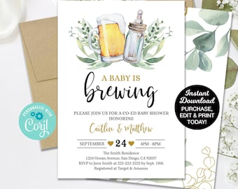 A Baby is Brewing Baby Shower Invitation, Beer Baby Shower, Couples Baby Shower Invitation, Co-Ed Baby Shower Editable Invitation, Printable