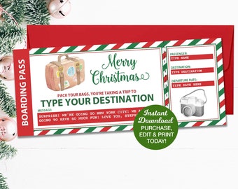 Christmas Surprise Vacation Ticket, Weekend Getaway, Trip Ticket, Road Trip, Printable Ticket, Christmas Gift, Editable Trip Ticket