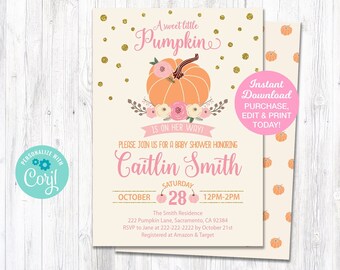 Pumpkin Baby Shower Invitation, Editable Invitation, Little Pumpkin Baby Shower, Printable Invitation, Pink Gold, Fall Baby Shower Invite
