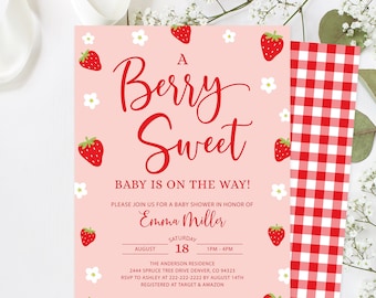 Editable Strawberry Baby Shower Invitation, Berry Sweet Baby Party Invite Printable, Red Gingham Baby Girl Blossom Corjl Template
