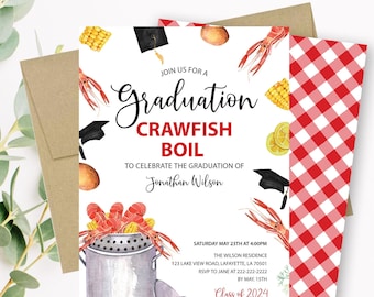 May include: A graduation party invitation with a red and white checkered background. The invitation features a watercolor illustration of a crawfish boil, graduation caps, and lemons. The text reads "Join us for a Graduation Crawfish Boil to celebrate the graduation of Jonathan Wilson. Saturday May 23th at 4:00pm The Wilson Residence 123 Lake View Road, Lafayette, LA 70501 RSVP to Jane at 222-222-2222 by May 15th Class of 2024."