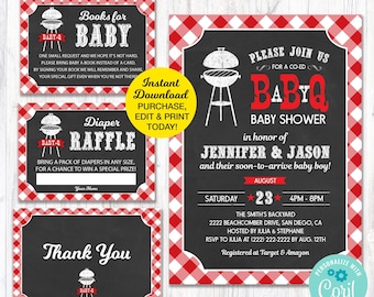 Baby Q Shower Invitation Package Red Black, BBQ Baby Shower Invitation, Book Request, Diaper Raffle,  Printable, INSTANT DOWNLOAD