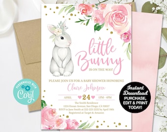 Bunny Baby Shower Invitation, Rabbit Baby Shower, Spring Baby Shower Invitation, Baby Girl, Easter Baby, Printable Invite