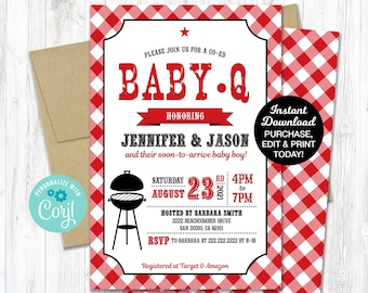 Baby Q Shower Invitation Red, BBQ Baby Shower Invitation, Couples Baby Shower, Printable, INSTANT DOWNLOAD