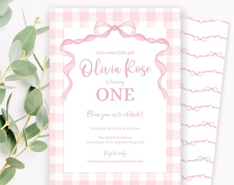 EDITABLE Pink Gingham Bow First Birthday Invitation, Girl 1st Birthday Invite, Watercolor Pink Bow Party, Blush Pink Editable Corjl Template