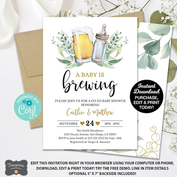 A Baby is Brewing Baby Shower Invitation, Beer Baby Shower, Couples Baby Shower Invitation, Co-Ed Baby Shower Editable Invitation, Printable