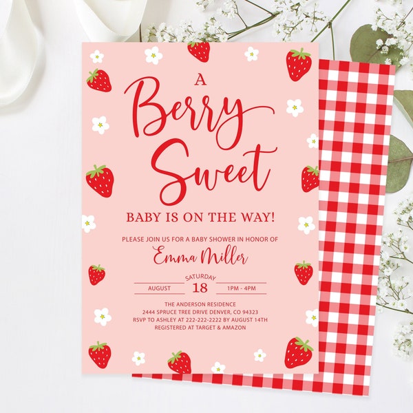 Editable Strawberry Baby Shower Invitation, Berry Sweet Baby Party Invite Printable, Red Gingham Baby Girl Blossom Corjl Template