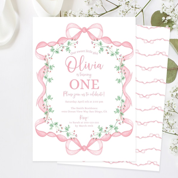 EDITABLE Bow Birthday Invitation, Pink Girl Birthday Invite, Watercolor Pink Bow Party Blush Pink Corjl Template