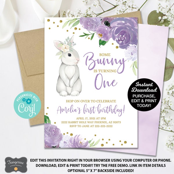 Bunny Birthday Invitation, Spring Birthday Invitation, Some Bunny Is One, Girl First Birthday, Easter Birthday, Printable INSTANT DOWNLOAD