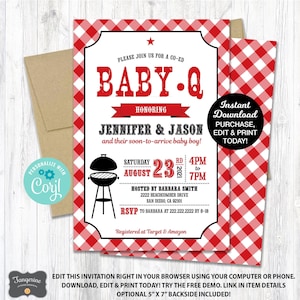 Baby Q Shower Invitation Red, BBQ Baby Shower Invitation, Couples Baby Shower, Printable, INSTANT DOWNLOAD