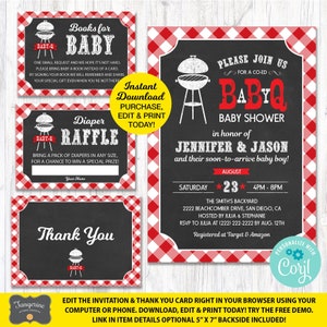 Baby Q Shower Invitation Package Red Black, BBQ Baby Shower Invitation, Book Request, Diaper Raffle,  Printable, INSTANT DOWNLOAD