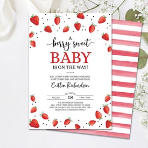 Editable Strawberry Baby Shower Invitation, Red Strawberry Baby Shower Invite, Berry Sweet Baby Shower Invitation Template