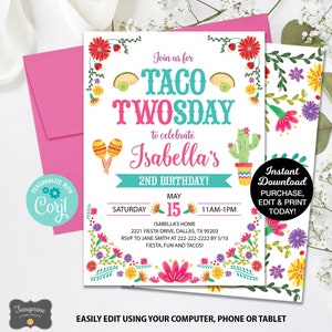 Taco Twosday Invitation, Fiesta Birthday Invitation Editable, Taco Tuesday Invitation, Fiesta 2nd Birthday, Taco Birthday Invitation