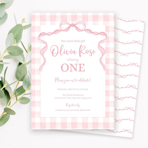 EDITABLE Pink Gingham Bow First Birthday Invitation, Girl 1st Birthday Invite, Watercolor Pink Bow Party, Blush Pink Editable Corjl Template