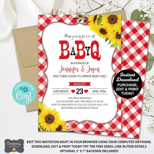 Baby Q Shower Invitation, BBQ Baby Shower Invitation, Sunflower Invitation, Coed Baby Shower Printable Invitation, Summer Baby Shower