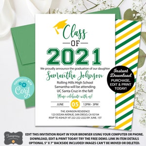 Graduation Invitation Green Gold, Graduation Announcement, Class of 2023 Announcement, Graduation Card, College Graduation, High School Grad