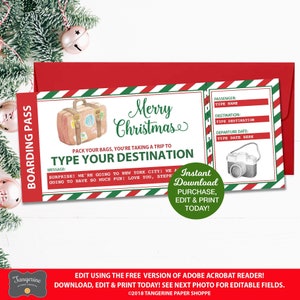 Christmas Surprise Vacation Ticket, Weekend Getaway, Trip Ticket, Road Trip, Printable Ticket, Christmas Gift, Editable Trip Ticket