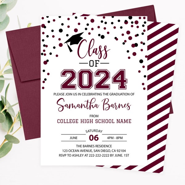 Editable Graduation Party Invitation, Class of 2024 Announcement, Burgundy Graduation Invite, College Graduation High School Corjl Template