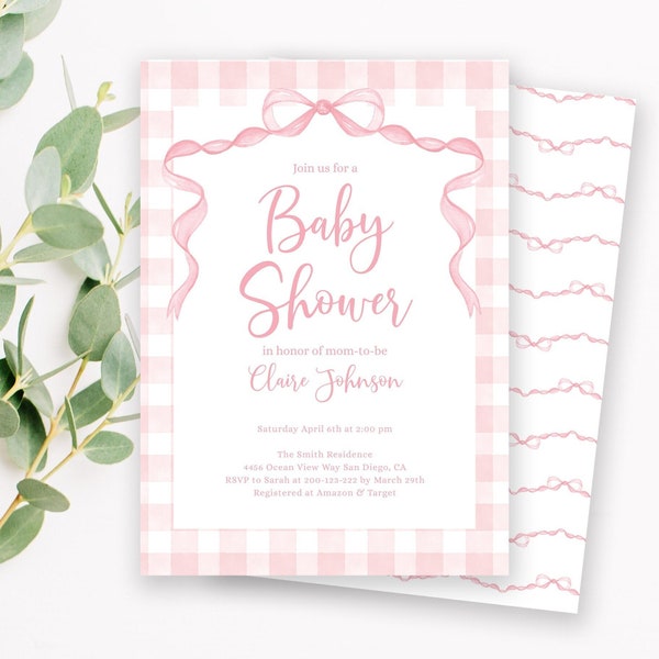 EDITABLE Pink Bow Baby Shower Invitation, Pink Gingham Invite, Baby Girl Shower Blush Pink Watercolor Ribbon Corjl Template