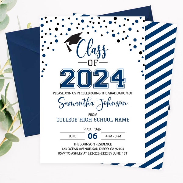 Editable Graduation Invitation Navy Blue & White Class of 2024 Graduation Announcement, College Graduation High School Corjl Template