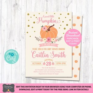 Pumpkin Baby Shower Invitation, Editable Invitation, Little Pumpkin Baby Shower, Printable Invitation, Pink Gold, Fall Baby Shower Invite