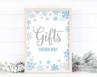 Geschenke-Zeichen Winter Onederland Geburtstag Dekor Geschenk Tisch Zeichen Junge Winterwunderland Blau Winter Geburtstag Dekor Download Printable 0002