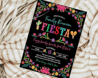 Editable Fiesta Family Reunion Invitation, Mexican Reunion Party Invite Mexican Flowers, Cinco de Mayo Tacos Maracas Corjl Template