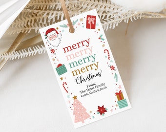 May include: A white gift tag with a red and white Santa Claus illustration, a pink and white Christmas tree, and the text "merry merry merry merry Christmas" in colorful letters. The tag also includes the text "From: The Davis Family Caleb, Sheila & Jacob".