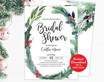 Winter Bridal Shower Shower Invitation, Winter Greenery Bridal Shower Invitation, Christmas Bridal Shower