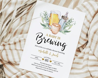 A Baby is Brewing Baby Shower Invitation Coffee and Beer Baby Shower Greenery Gender Neutral Couples Baby Shower Invite Corjl Template 0018