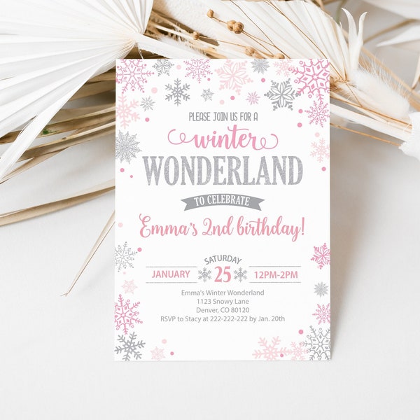 Winter Wonderland Invitation, Editable Winter Birthday Invitation, Girl 2nd Birthday Invite Template, Snowflake Birthday Invitation