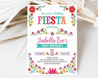 Fiesta Birthday Invitation, Editable First Fiesta Party Invitation Mexican Fiesta 1st Birthday Girl Taco Birthday Printable Corjl Template