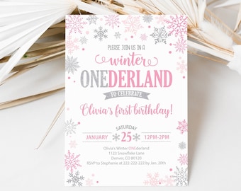 Winter Onederland Invitation Girl, Snowflake First Birthday, Winter Wonderland Invitation, Winter 1st Birthday, Editable Invitation 0006