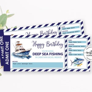Tiefseefischen Ticket bearbeitbar, Angelreise Geburtstagsgeschenk Ticket druckbar, Überraschungsreise Ticket, Sofort Download Corjl Vorlage