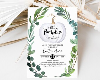 Pumpkin Baby Shower Invitation, White Pumpkin Baby Shower, A Little Pumpkin Is On The Way Invite, Fall Baby Shower Invitation Template 0005