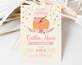 Pumpkin Birthday Invitation, Pumpkin First Birthday Invitation, Pink Gold Pumpkin, Fall Birthday Invitation, Editable Invitation Template