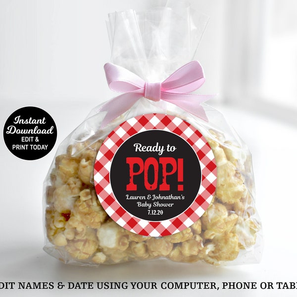 Popcorn Tag, Baby Q Ready To Pop Tag, Popcorn Sticker, Popcorn Label, BBQ Favor Tag, BBQ Baby Shower, Couples Baby Shower, Printable Tag