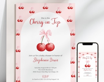 Editable Cherry Baby Shower Invitation, Bow Coquette She's is the Cherry on Top Baby Shower Invite Printable Corjl Template