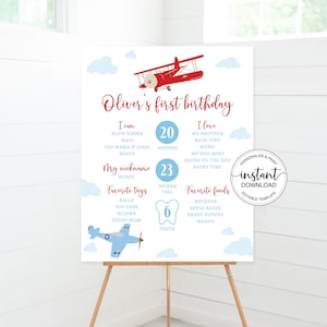 Airplane Birthday Milestone Sign, Time Flies First 1st Birthday Party Poster, Boy First Birthday First Flight Party Corjl Template 0003