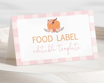 Op de afbeelding: Een roze en witte gingham-voedseletikettemplate met een pompoen- en bloemendesign. De tekst op het etiket luidt "Food Label Editable Template".