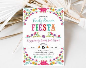 Pode incluir: Um convite branco com uma borda floral colorida. O texto diz "Junte-se a nós para uma reunião familiar Fiesta! Desfrute da família, dos amigos, da comida e da diversão!" A data é 15 de junho, das 16h às 19h. O local é The Taylor Residence, 2221 Fiesta Drive, Dallas, TX 99200. RSVP para Jane no 213-622-232 até 10 de junho. Por favor, traga um prato para compartilhar.
